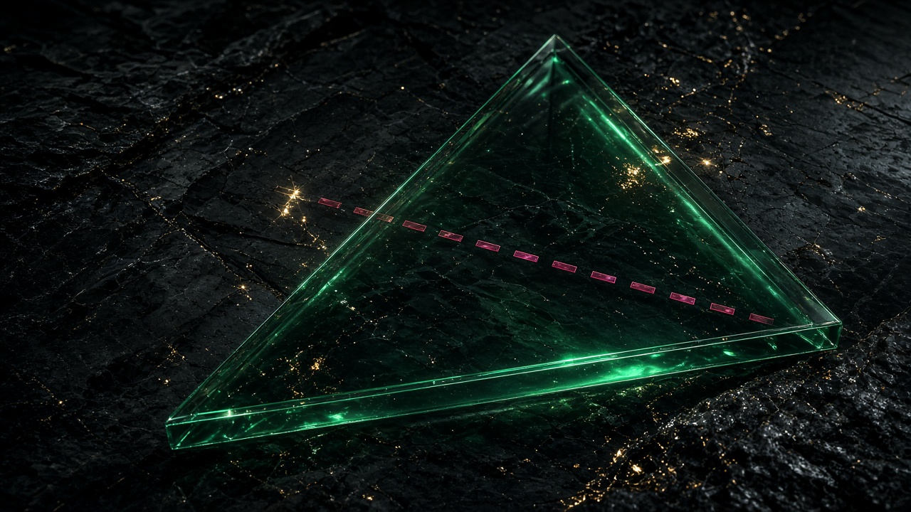 Emerald glass triangle on black stone, crossed by a rose dashed line.